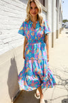 Can't Say No Blue Tropical Floral Frill Notch Neck Bubble Sleeve Dress