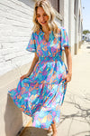 Can't Say No Blue Tropical Floral Frill Notch Neck Bubble Sleeve Dress