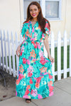 Hello Beautiful Multicolor Tropical Floral Smock Waist Tiered Midi Dress