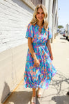 Can't Say No Blue Tropical Floral Frill Notch Neck Bubble Sleeve Dress
