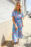 Can't Say No Blue Tropical Floral Frill Notch Neck Bubble Sleeve Dress