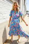 Can't Say No Blue Tropical Floral Frill Notch Neck Bubble Sleeve Dress