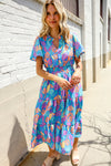 Can't Say No Blue Tropical Floral Frill Notch Neck Bubble Sleeve Dress