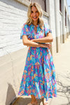 Can't Say No Blue Tropical Floral Frill Notch Neck Bubble Sleeve Dress