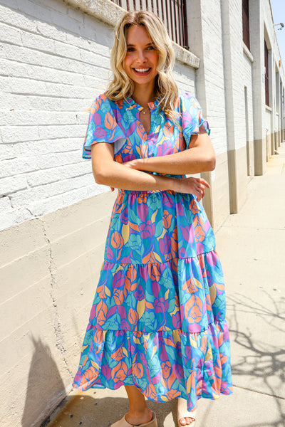 Can't Say No Blue Tropical Floral Frill Notch Neck Bubble Sleeve Dress