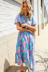 Can't Say No Blue Tropical Floral Frill Notch Neck Bubble Sleeve Dress