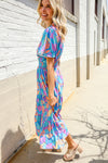Can't Say No Blue Tropical Floral Frill Notch Neck Bubble Sleeve Dress