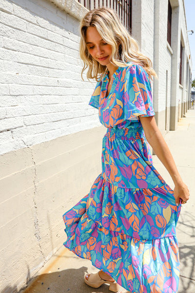 Can't Say No Blue Tropical Floral Frill Notch Neck Bubble Sleeve Dress