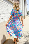 Can't Say No Blue Tropical Floral Frill Notch Neck Bubble Sleeve Dress