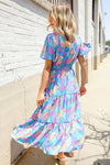 Can't Say No Blue Tropical Floral Frill Notch Neck Bubble Sleeve Dress