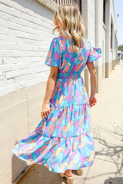 Can't Say No Blue Tropical Floral Frill Notch Neck Bubble Sleeve Dress