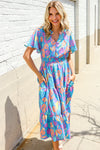 Can't Say No Blue Tropical Floral Frill Notch Neck Bubble Sleeve Dress