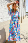 Can't Say No Blue Tropical Floral Frill Notch Neck Bubble Sleeve Dress