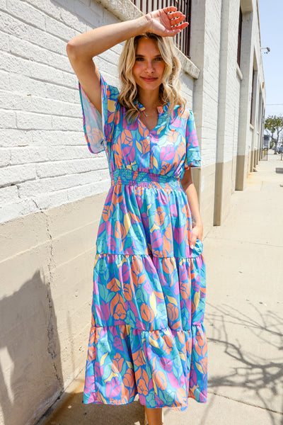 Can't Say No Blue Tropical Floral Frill Notch Neck Bubble Sleeve Dress