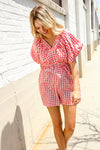 Festival Ready Cotton Red Checker Elastic V Neck Romper