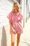 Festival Ready Cotton Red Checker Elastic V Neck Romper