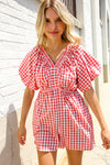 Festival Ready Cotton Red Checker Elastic V Neck Romper