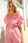 Festival Ready Cotton Red Checker Elastic V Neck Romper