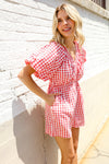 Festival Ready Cotton Red Checker Elastic V Neck Romper