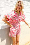 Festival Ready Cotton Red Checker Elastic V Neck Romper