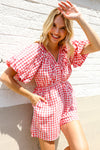 Festival Ready Cotton Red Checker Elastic V Neck Romper