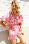 Festival Ready Cotton Red Checker Elastic V Neck Romper