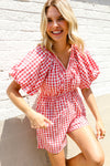 Festival Ready Cotton Red Checker Elastic V Neck Romper