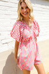 Festival Ready Cotton Red Checker Elastic V Neck Romper