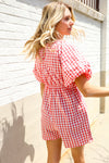 Festival Ready Cotton Red Checker Elastic V Neck Romper