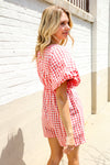 Festival Ready Cotton Red Checker Elastic V Neck Romper