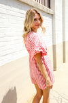 Festival Ready Cotton Red Checker Elastic V Neck Romper