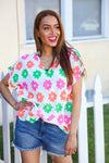 Spring Vibes White/Multicolor Floral Print V Neck Short Sleeve Top