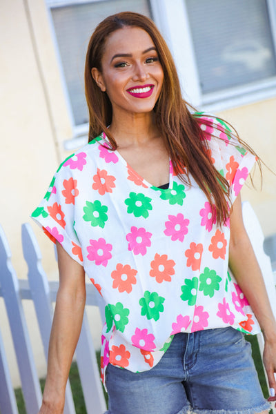 Spring Vibes White/Multicolor Floral Print V Neck Short Sleeve Top