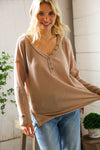 Casual Living Brown Henley Cuff Sleeve Side Slit Pullover