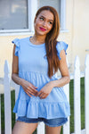 Blue Pointelle Babydoll Ruffle Flutter Sleeve Top