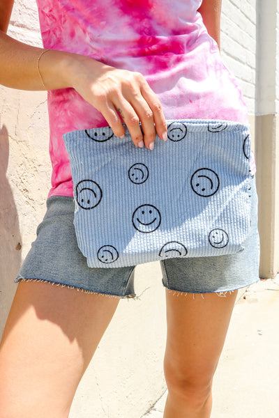 Baby Blue Smily Face Cloth Zipper Ribbed Travel Bag