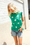 Flower Power Green Jacquard Knit Crochet Hem Sleeveless Top