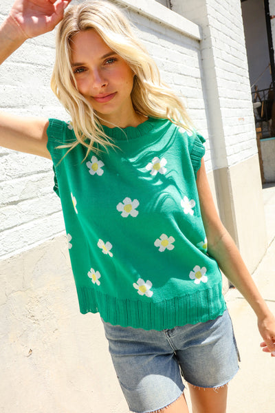 Flower Power Green Jacquard Knit Crochet Hem Sleeveless Top