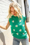 Flower Power Green Jacquard Knit Crochet Hem Sleeveless Top