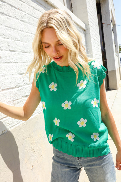 Flower Power Green Jacquard Knit Crochet Hem Sleeveless Top