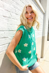 Flower Power Green Jacquard Knit Crochet Hem Sleeveless Top
