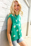 Flower Power Green Jacquard Knit Crochet Hem Sleeveless Top