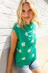 Flower Power Green Jacquard Knit Crochet Hem Sleeveless Top
