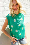 Flower Power Green Jacquard Knit Crochet Hem Sleeveless Top