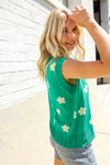 Flower Power Green Jacquard Knit Crochet Hem Sleeveless Top