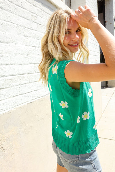 Flower Power Green Jacquard Knit Crochet Hem Sleeveless Top
