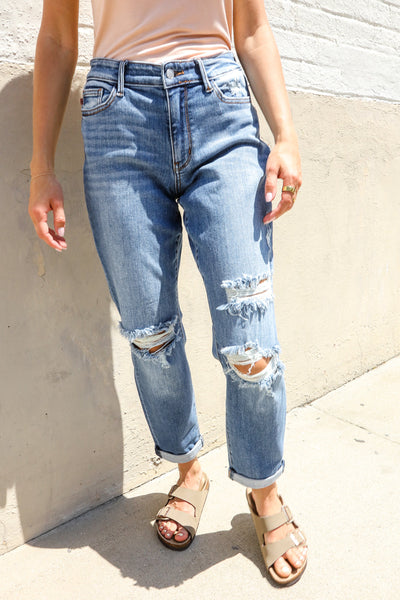 Judy Blue High-Rise Boyfriend Cuffed Hem Distressed Jeans