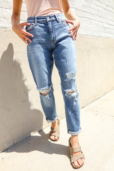 Judy Blue High-Rise Boyfriend Cuffed Hem Distressed Jeans