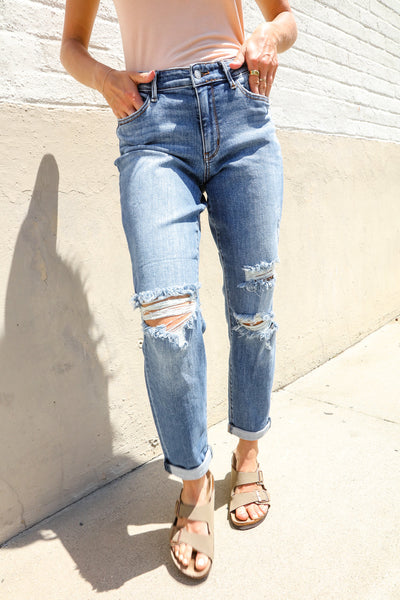 Judy Blue High-Rise Boyfriend Cuffed Hem Distressed Jeans