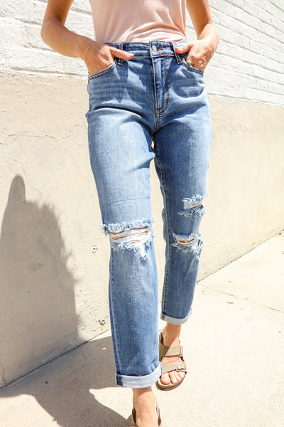 Judy Blue High-Rise Boyfriend Cuffed Hem Distressed Jeans
